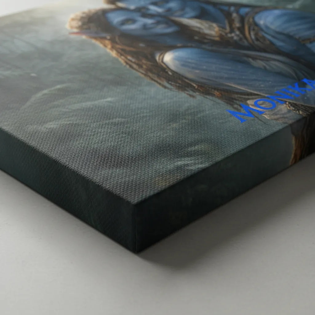 Personalisiertes Paarportrait im Fantasy-Avatar-Look als Leinwanddruck mit Namen.“