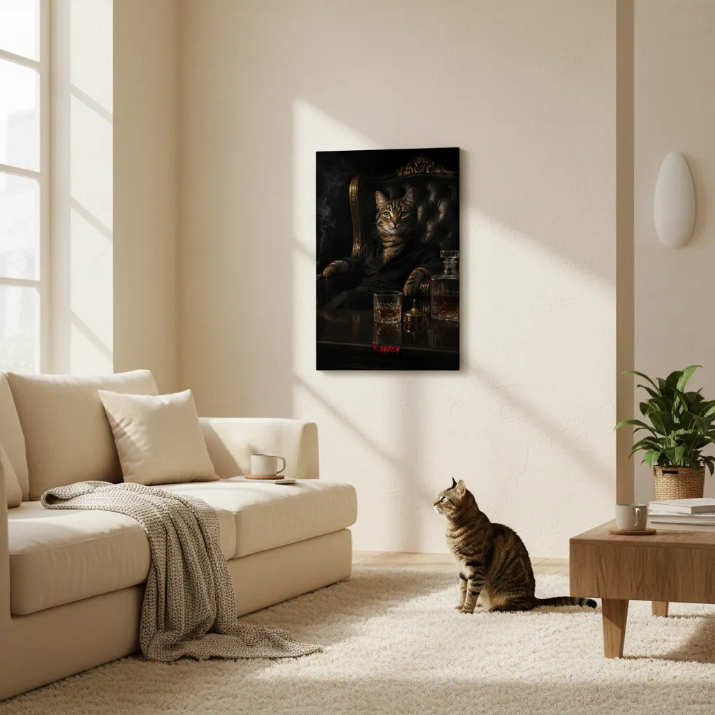 Scarface-inspiriertes Haustierportrait im Gangster-Look auf Leinwand – personalisiert mit Namen.