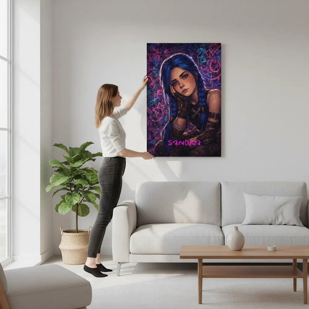Jinx-Vibe“ Neon-Portrait auf Leinwand – personalisiert