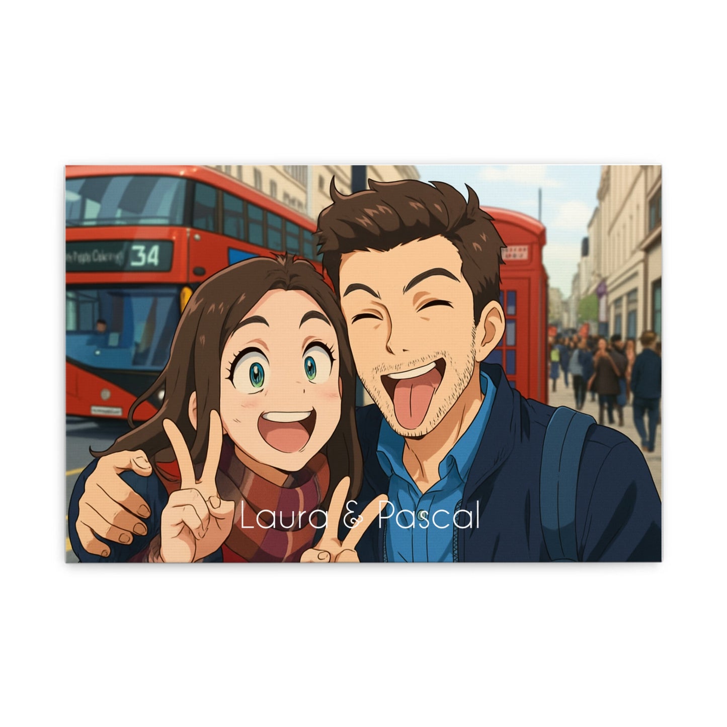 Personalisiertes Paarportrait im Anime-Stil als Leinwanddruck mit Namen.