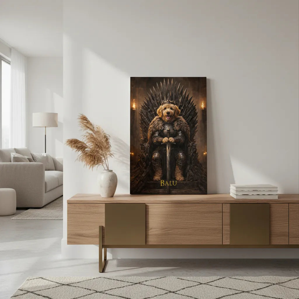 Game-of-Thrones-inspiriertes Haustierportrait auf Leinwand – personalisiert mit Namen.