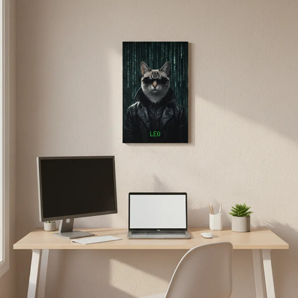 Matrix-inspiriertes Haustierportrait im Cyberpunk-Look auf Leinwand – personalisiert mit Namen.