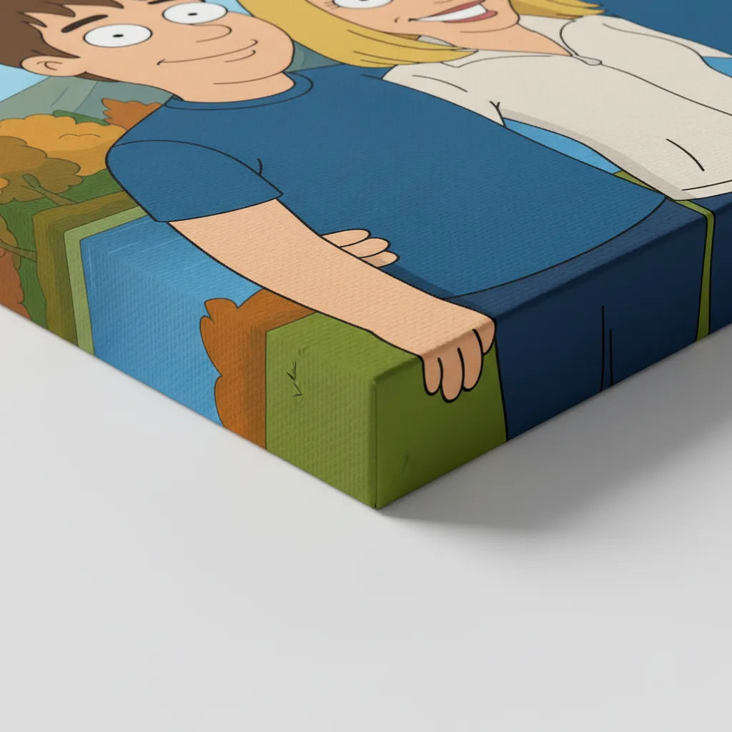 Personalisiertes Familienportrait im Family-Guy-inspirierten Cartoon-Stil als Leinwanddruck mit Familiennamen