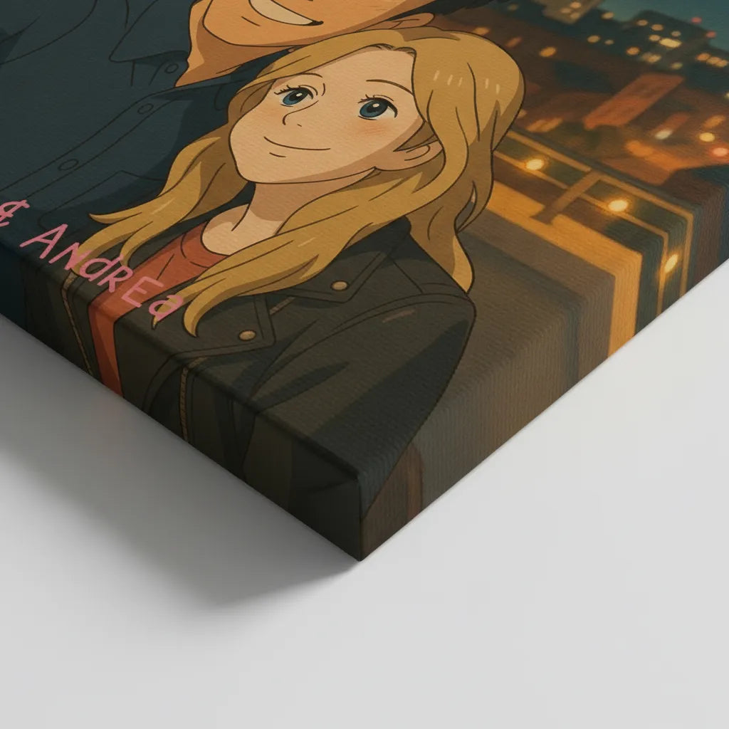 Personalisiertes Paarportrait im Ghibli-inspirierten Stil als Leinwanddruck mit Namen.
