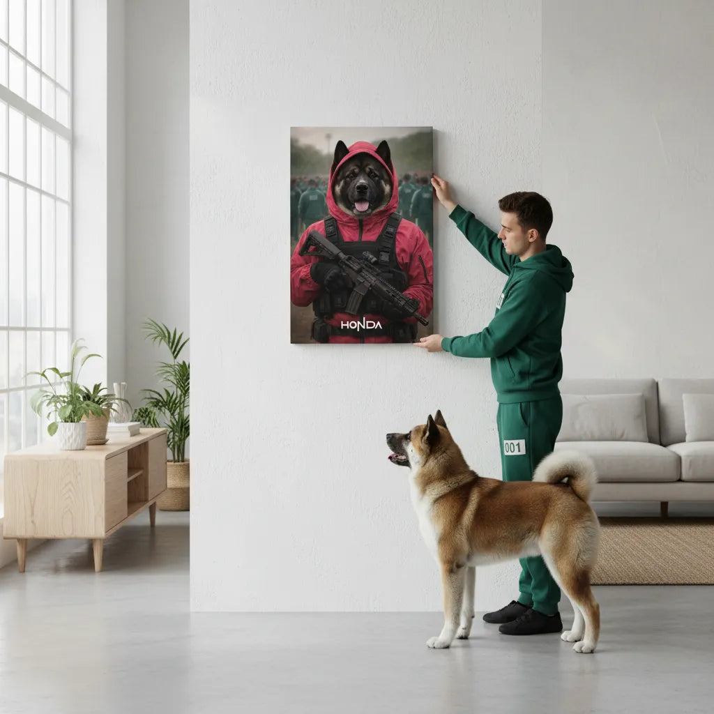 „Squid Game-Wächter Vibe“ Haustierportrait auf Leinwand – personalisiert