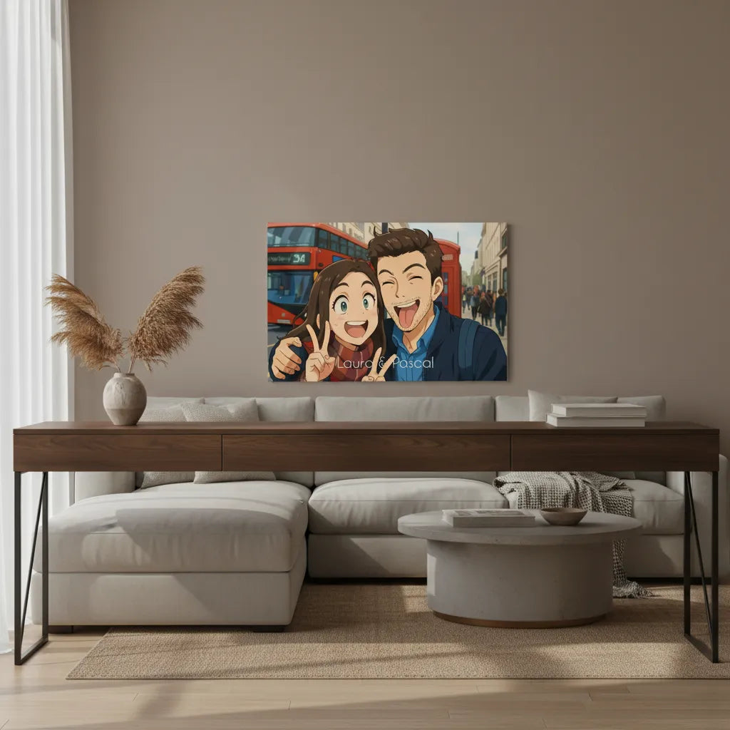 Personalisiertes Paarportrait im Anime-Stil als Leinwanddruck mit Namen.