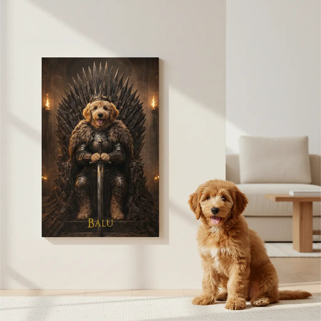 Game-of-Thrones-inspiriertes Haustierportrait auf Leinwand – personalisiert mit Namen.
