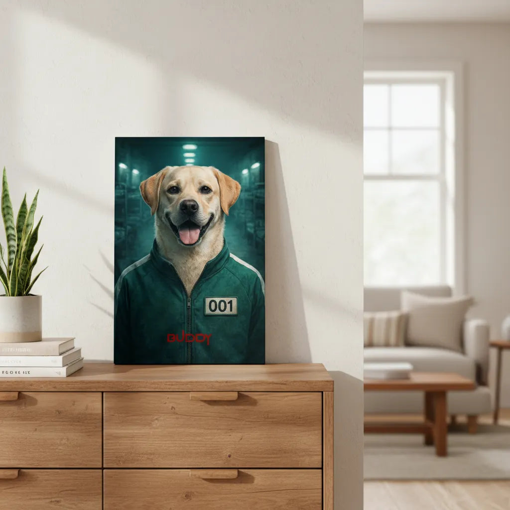 „Player 001-Vibe“ Haustierportrait auf Leinwand – personalisiert