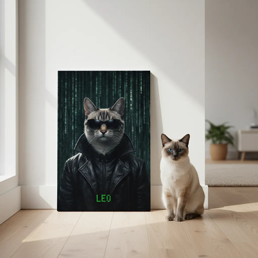 Matrix-inspiriertes Haustierportrait im Cyberpunk-Look auf Leinwand – personalisiert mit Namen.