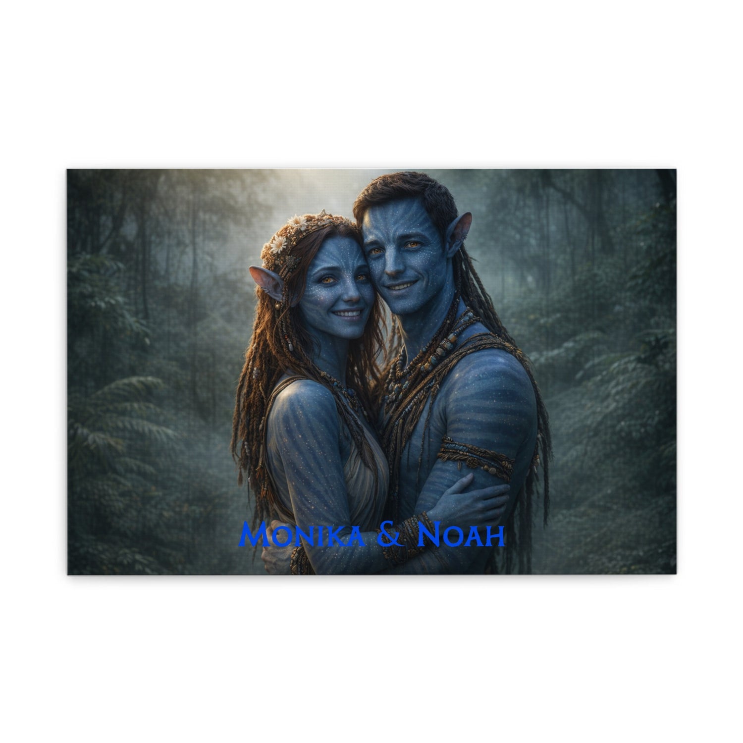 Personalisiertes Paarportrait im Fantasy-Avatar-Look als Leinwanddruck mit Namen.“