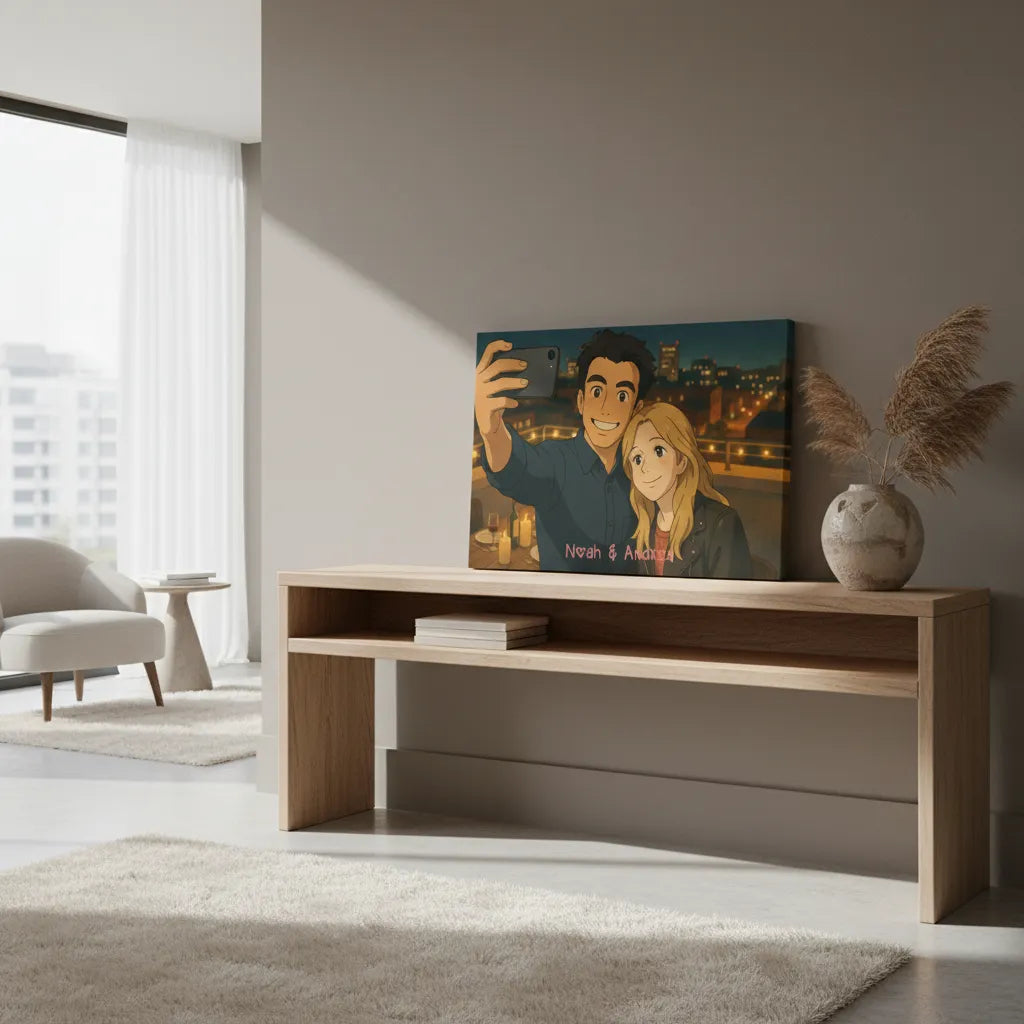 Personalisiertes Paarportrait im Ghibli-inspirierten Stil als Leinwanddruck mit Namen.