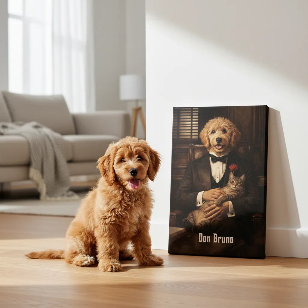 ,,Godfather-Vibe“ Haustierportrait auf Leinwand – personalisiert
