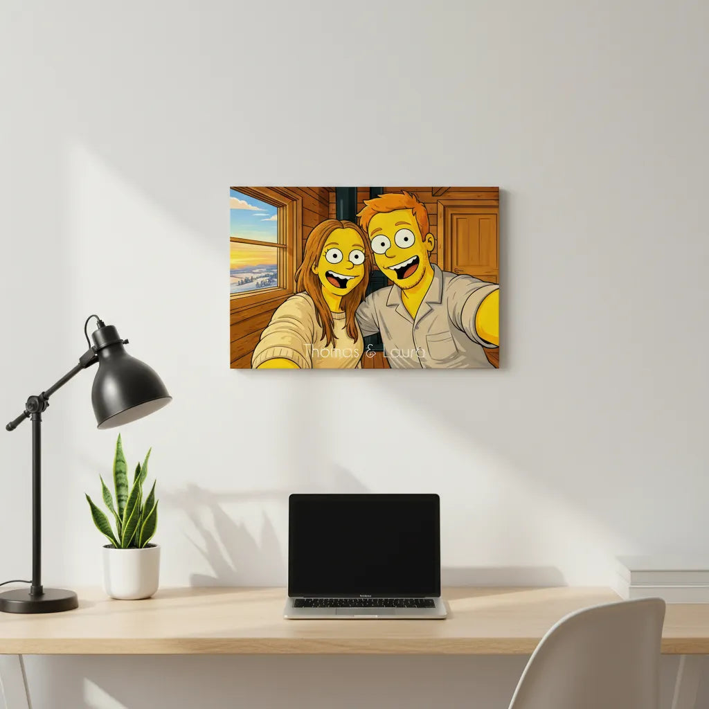 Personalisiertes Paarportrait im Simpsons-inspirierten Cartoon-Stil als Leinwanddruck mit Namen.