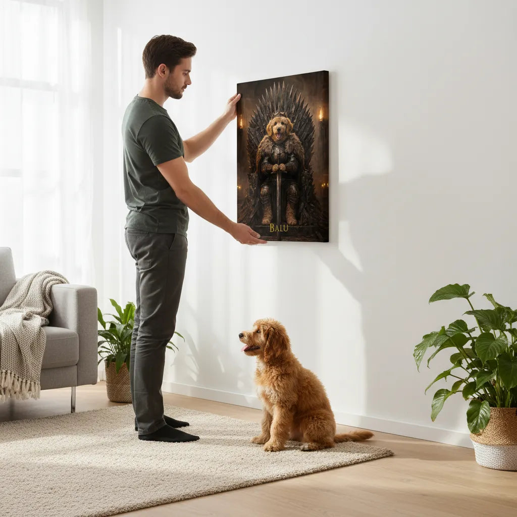 Game-of-Thrones-inspiriertes Haustierportrait auf Leinwand – personalisiert mit Namen.