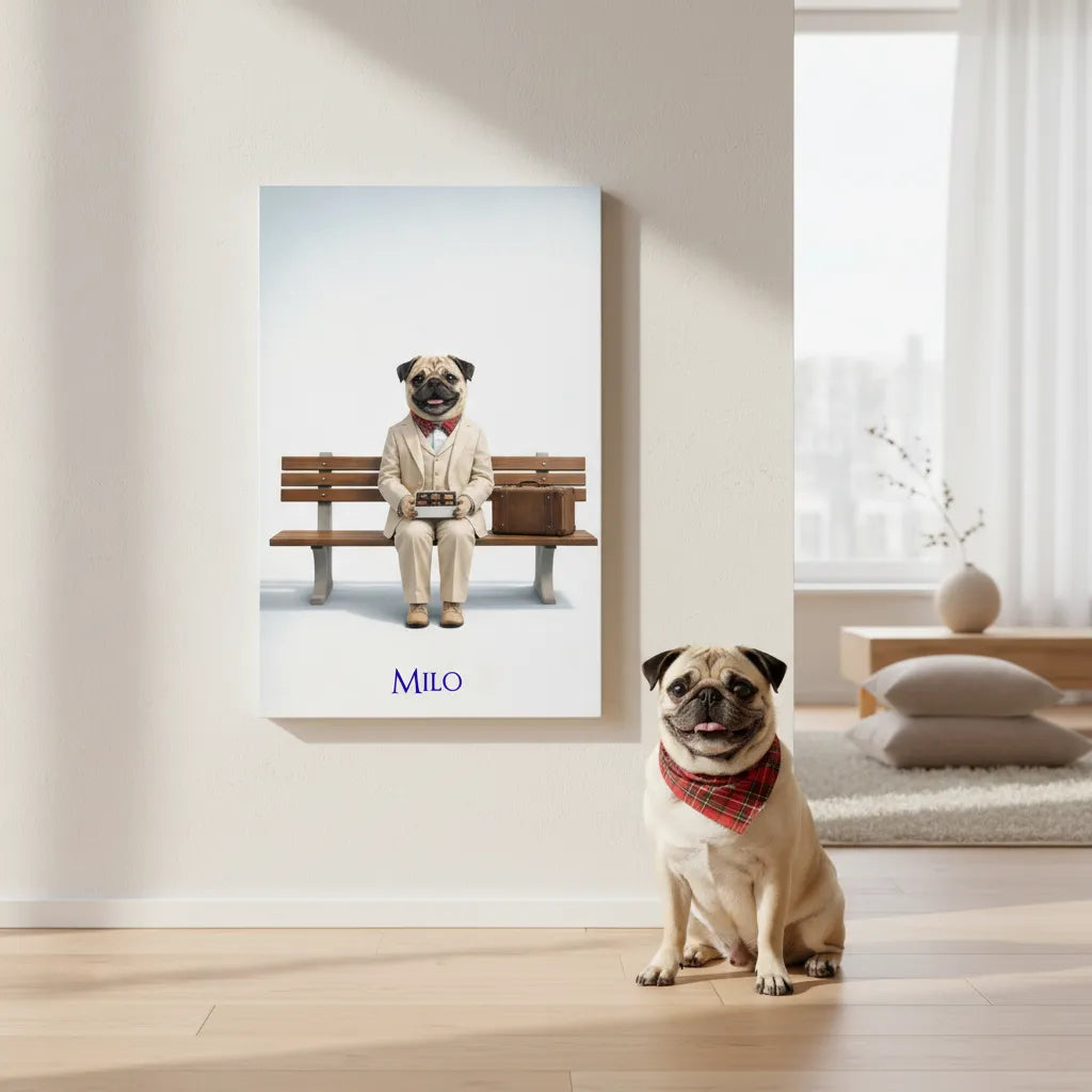 Forrest-Gump-inspiriertes Haustierportrait auf Leinwand – personalisiert mit Namen.