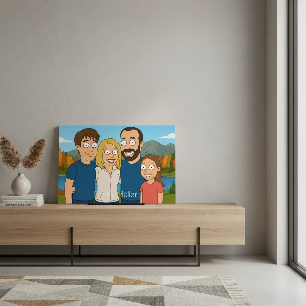 Personalisiertes Familienportrait im Family-Guy-inspirierten Cartoon-Stil als Leinwanddruck mit Familiennamen