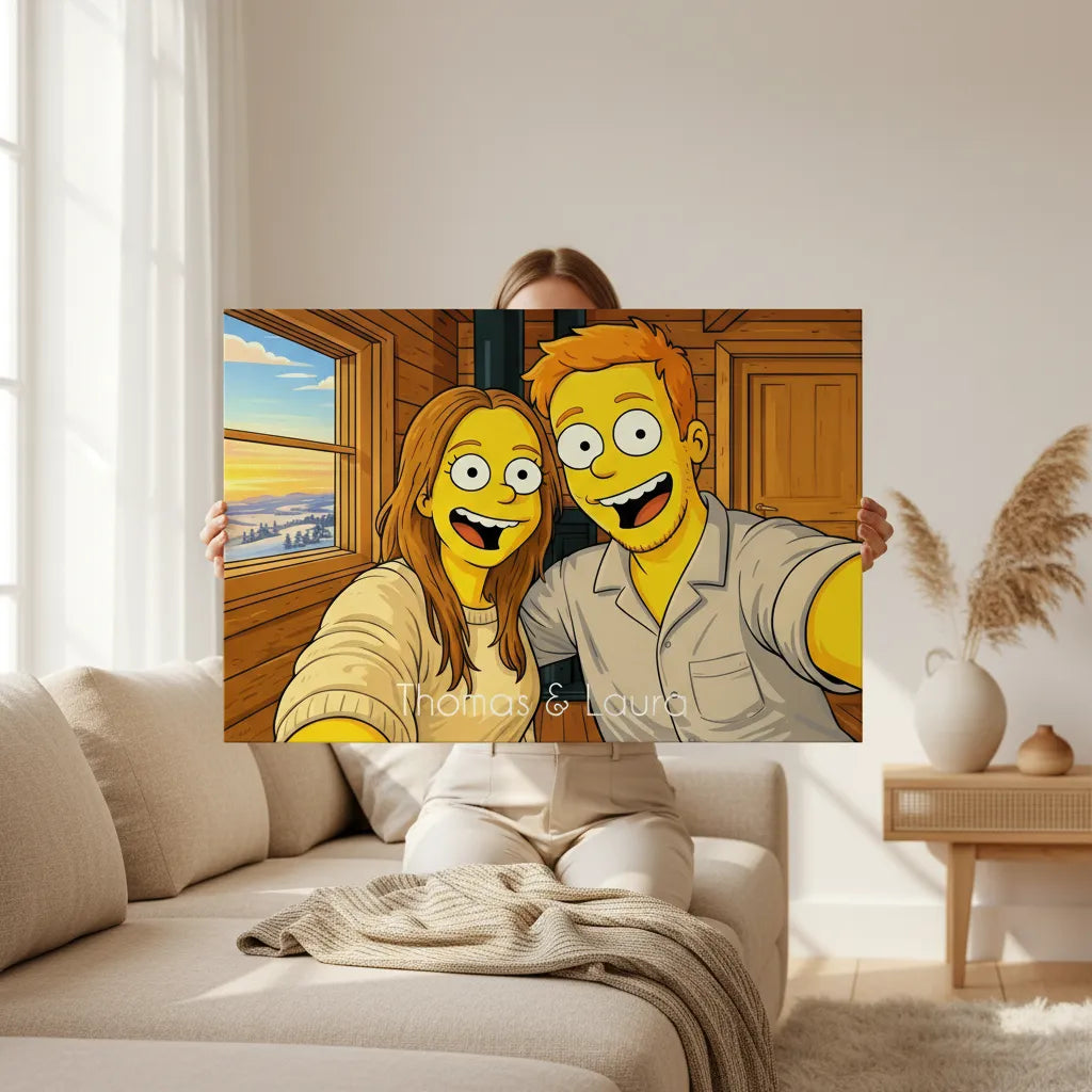 Personalisiertes Paarportrait im Simpsons-inspirierten Cartoon-Stil als Leinwanddruck mit Namen.