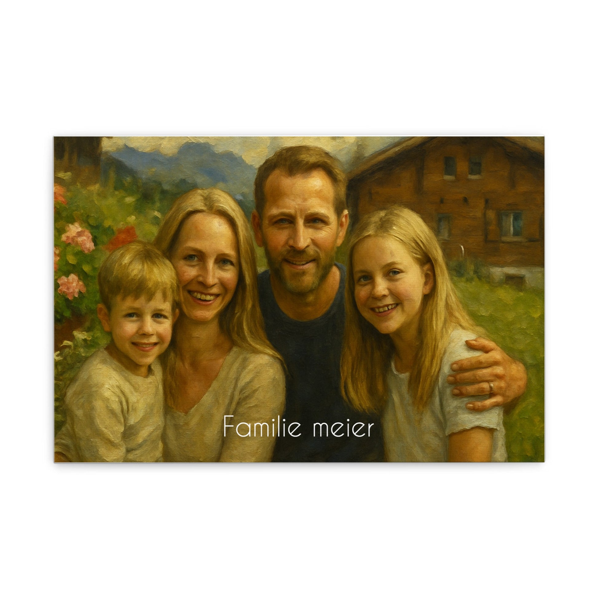 Personalisiertes Familienportrait im Ölgemälde-Stil als Leinwanddruck mit Name/Text.