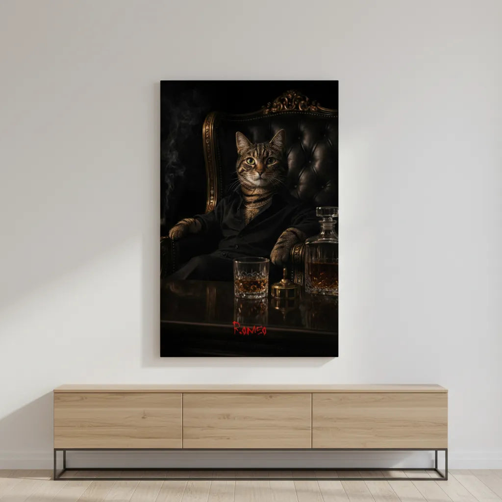 Scarface-inspiriertes Haustierportrait im Gangster-Look auf Leinwand – personalisiert mit Namen.
