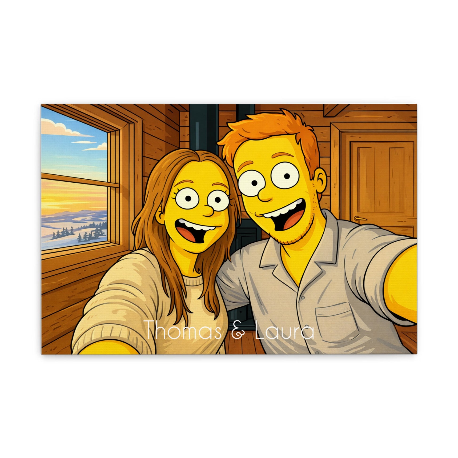 Personalisiertes Paarportrait im Simpsons-inspirierten Cartoon-Stil als Leinwanddruck mit Namen.