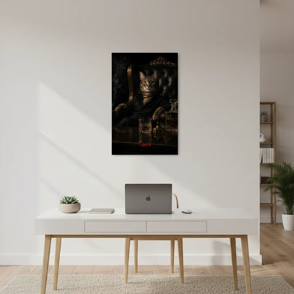 Scarface-inspiriertes Haustierportrait im Gangster-Look auf Leinwand – personalisiert mit Namen.