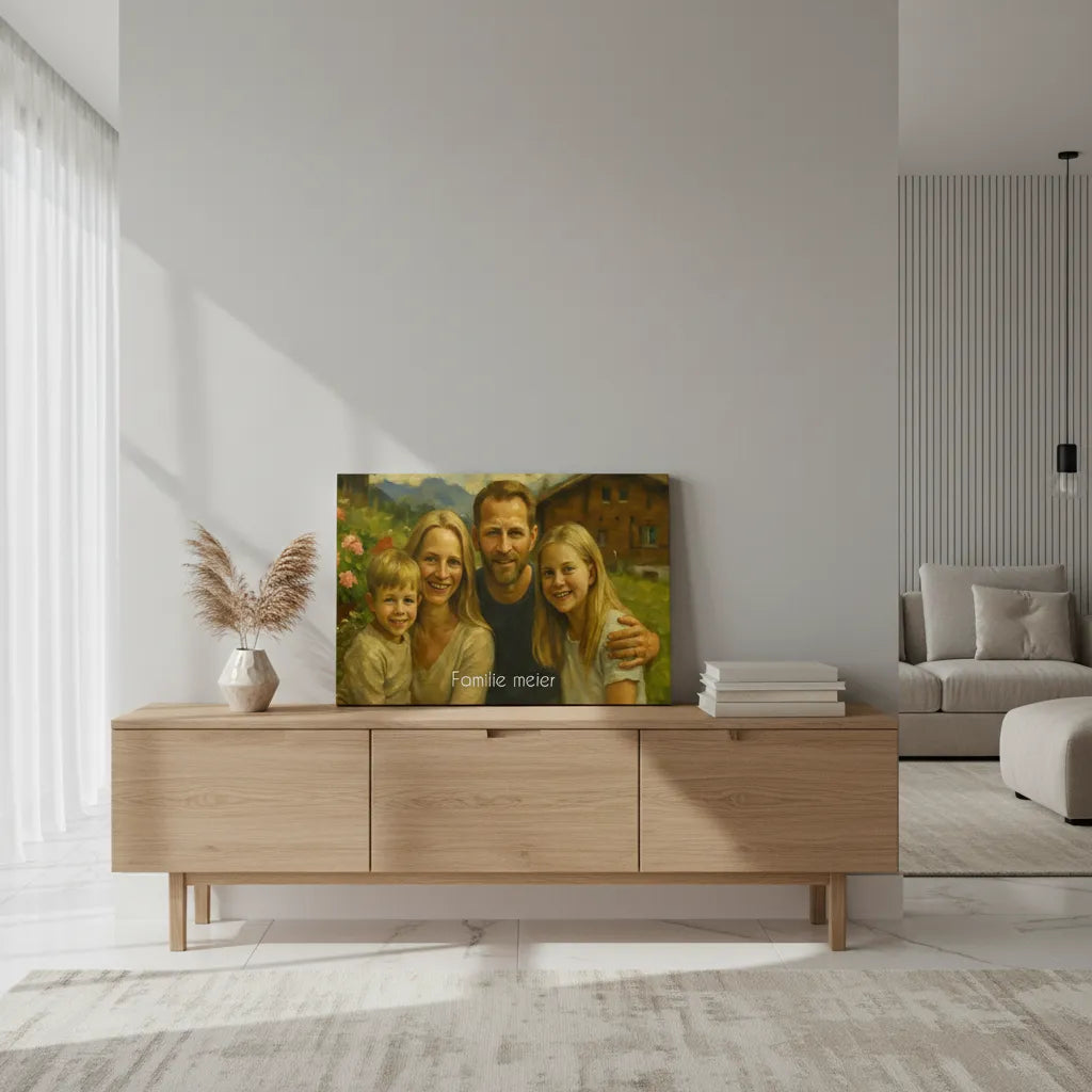 Personalisiertes Familienportrait im Ölgemälde-Stil als Leinwanddruck mit Name/Text.“