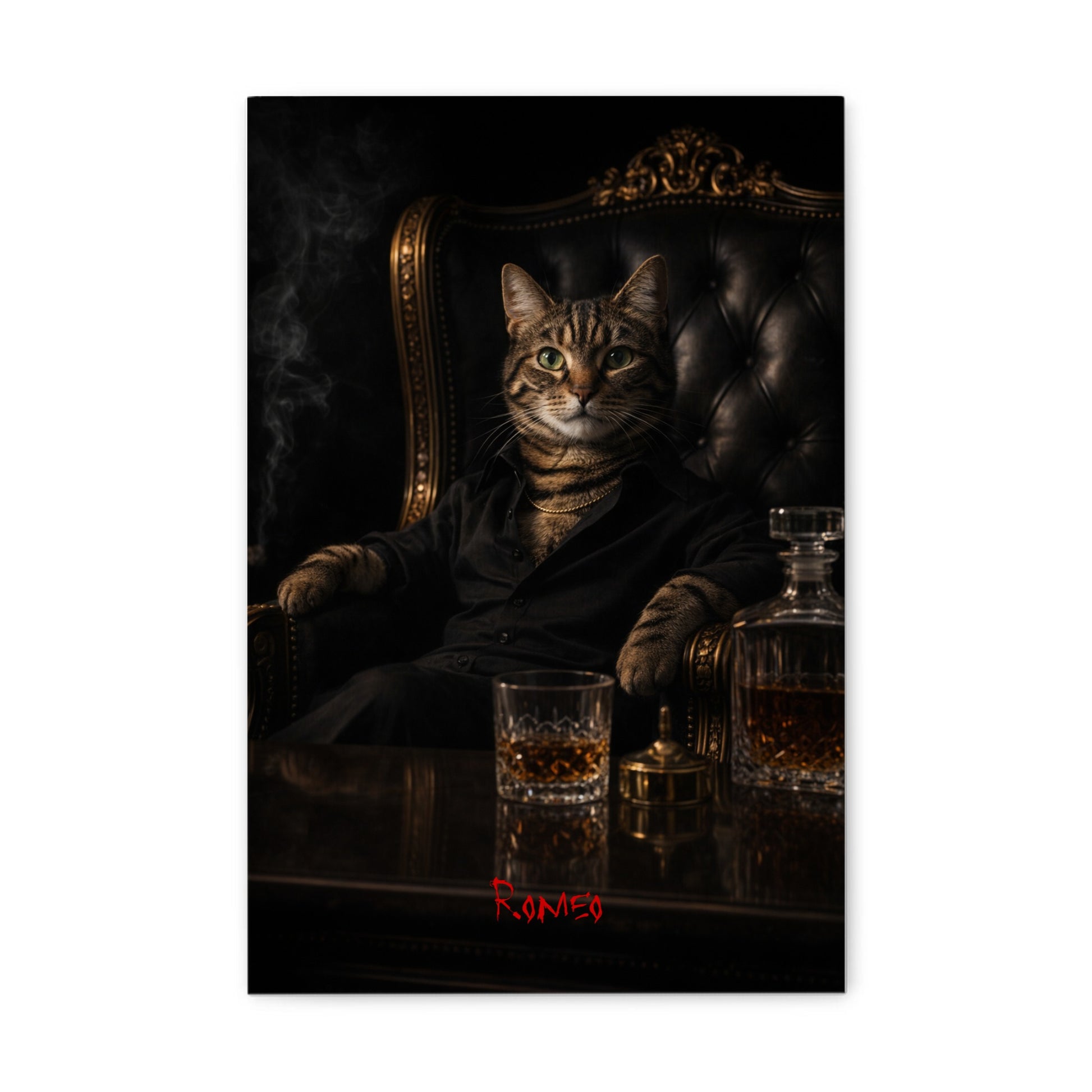 Scarface-inspiriertes Haustierportrait im Gangster-Look auf Leinwand – personalisiert mit Namen.