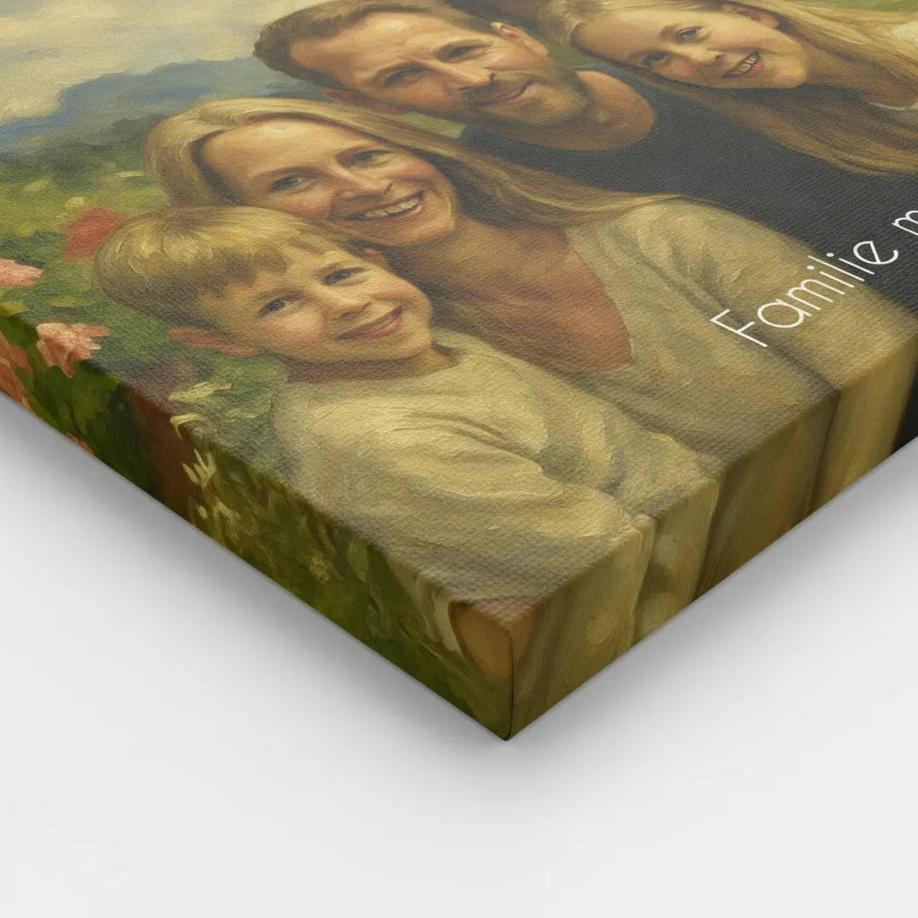 Personalisiertes Familienportrait im Ölgemälde-Stil als Leinwanddruck mit Name/Text.“