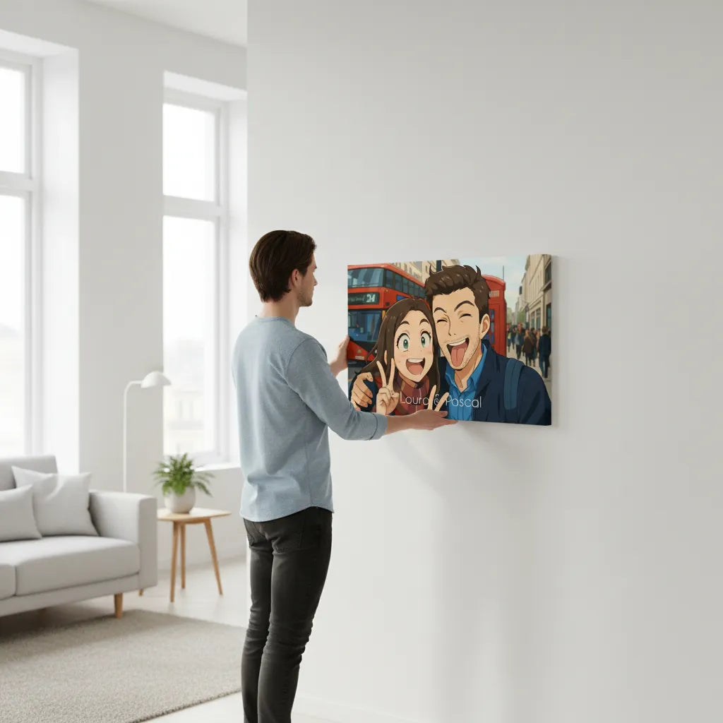 Personalisiertes Paarportrait im Anime-Stil als Leinwanddruck mit Namen.