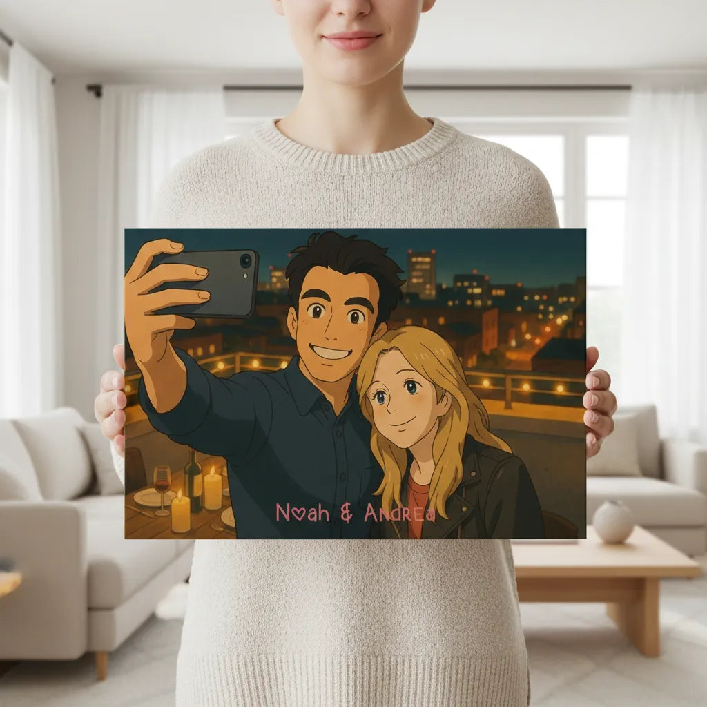 Personalisiertes Paarportrait im Ghibli-inspirierten Stil als Leinwanddruck mit Namen.
