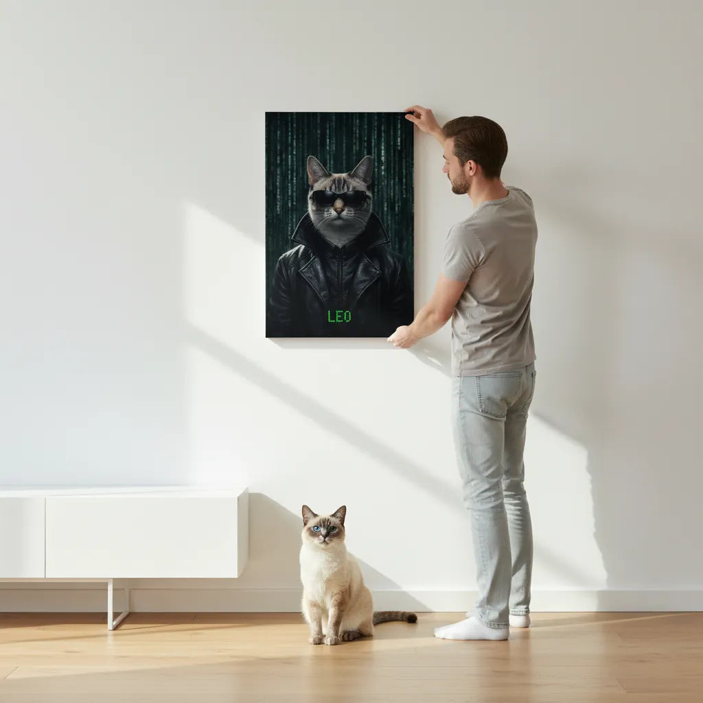 Matrix-inspiriertes Haustierportrait im Cyberpunk-Look auf Leinwand – personalisiert mit Namen.