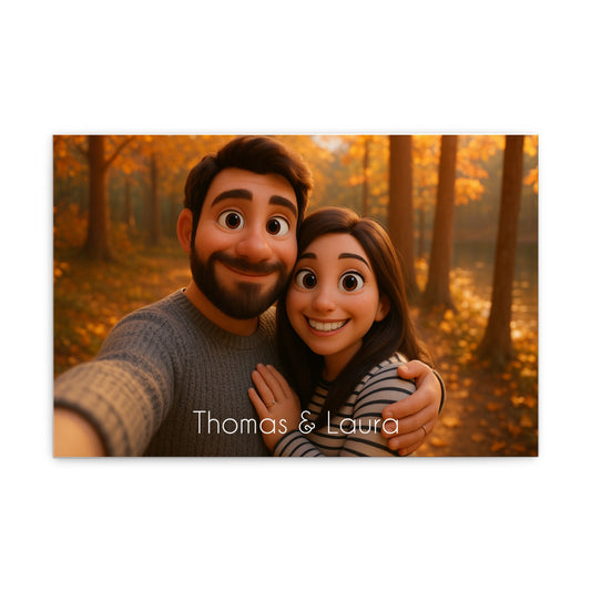 Personalisiertes Paarportrait im Pixar-inspirierten 3D-Stil als Leinwanddruck mit Namen.