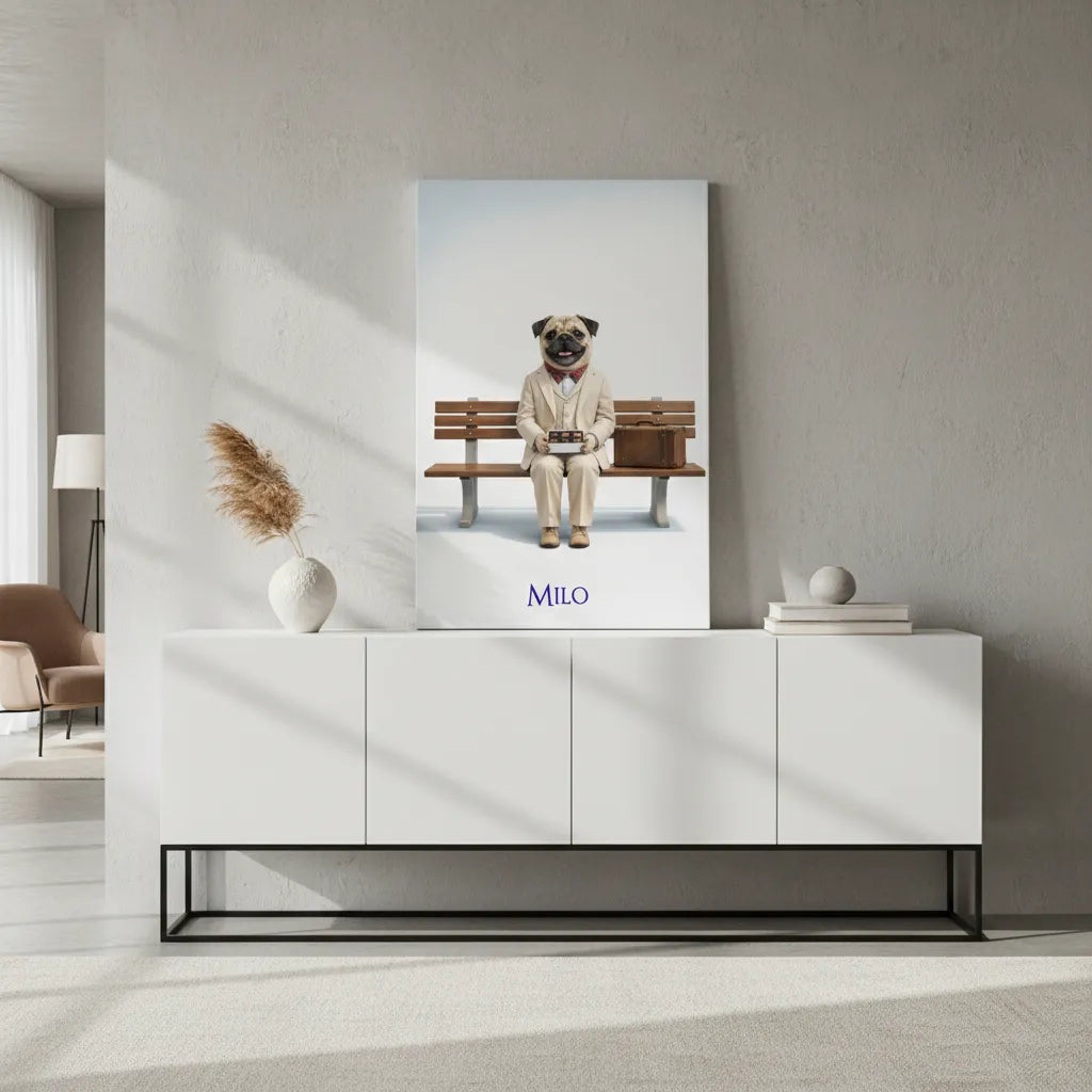 Forrest-Gump-inspiriertes Haustierportrait auf Leinwand – personalisiert mit Namen.
