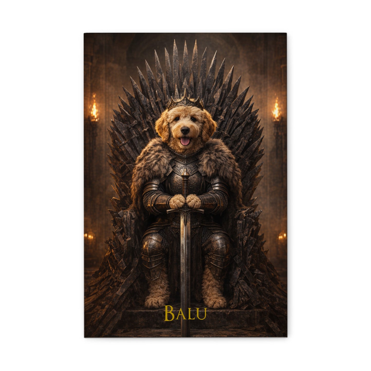 Game-of-Thrones-inspiriertes Haustierportrait auf Leinwand – personalisiert mit Namen.