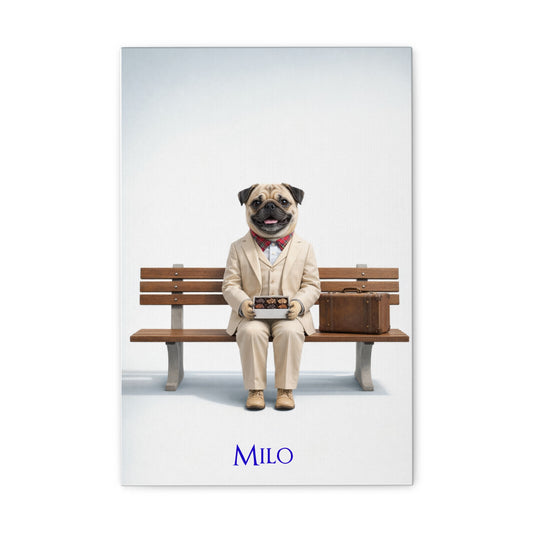 Forrest-Gump-inspiriertes Haustierportrait auf Leinwand – personalisiert mit Namen.