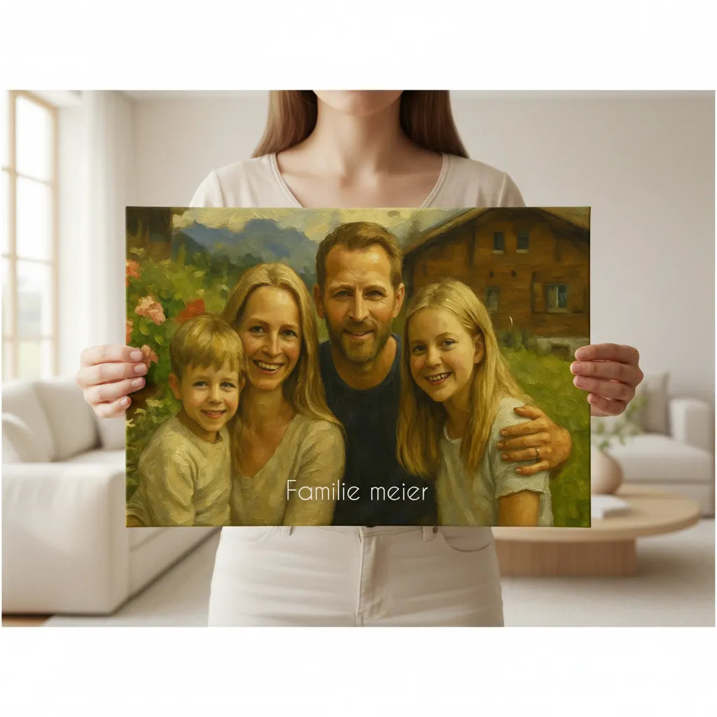 Personalisiertes Familienportrait im Ölgemälde-Stil als Leinwanddruck mit Name/Text.“