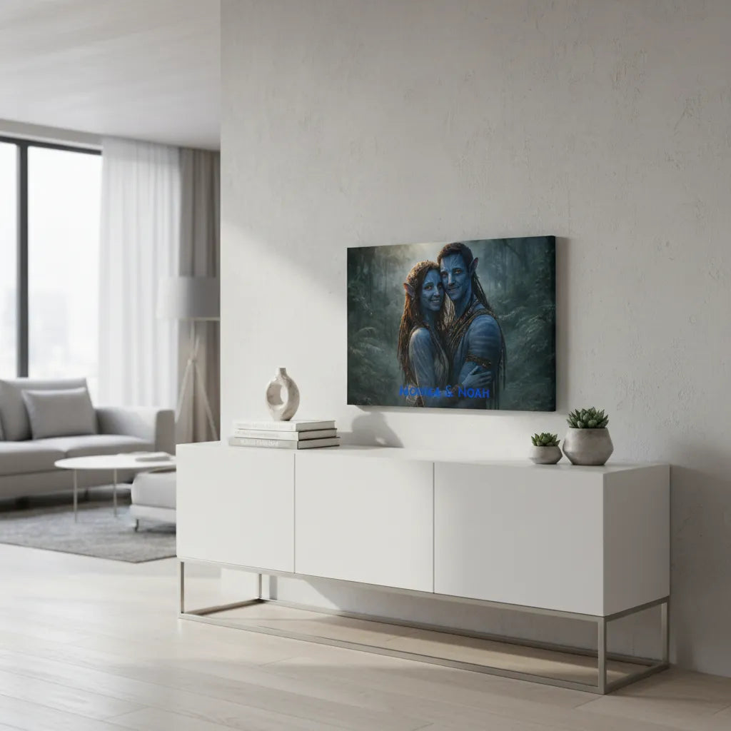 Personalisiertes Paarportrait im Fantasy-Avatar-Look als Leinwanddruck mit Namen.“