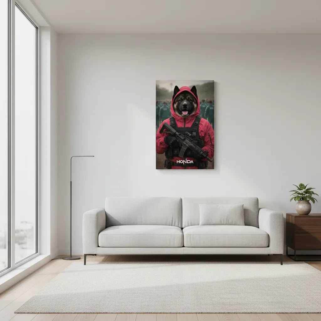 „Squid Game-Wächter Vibe“ Haustierportrait auf Leinwand – personalisiert