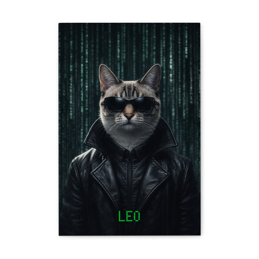 Matrix-inspiriertes Haustierportrait im Cyberpunk-Look auf Leinwand – personalisiert mit Namen.