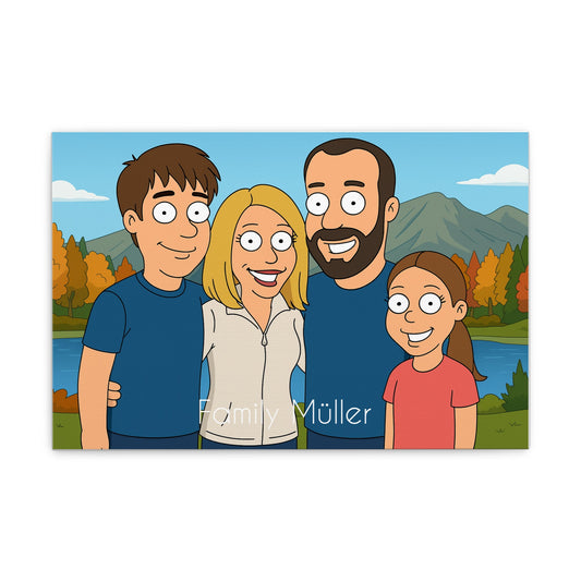 Personalisiertes Familienportrait im Family-Guy-inspirierten Cartoon-Stil als Leinwanddruck mit Familiennamen