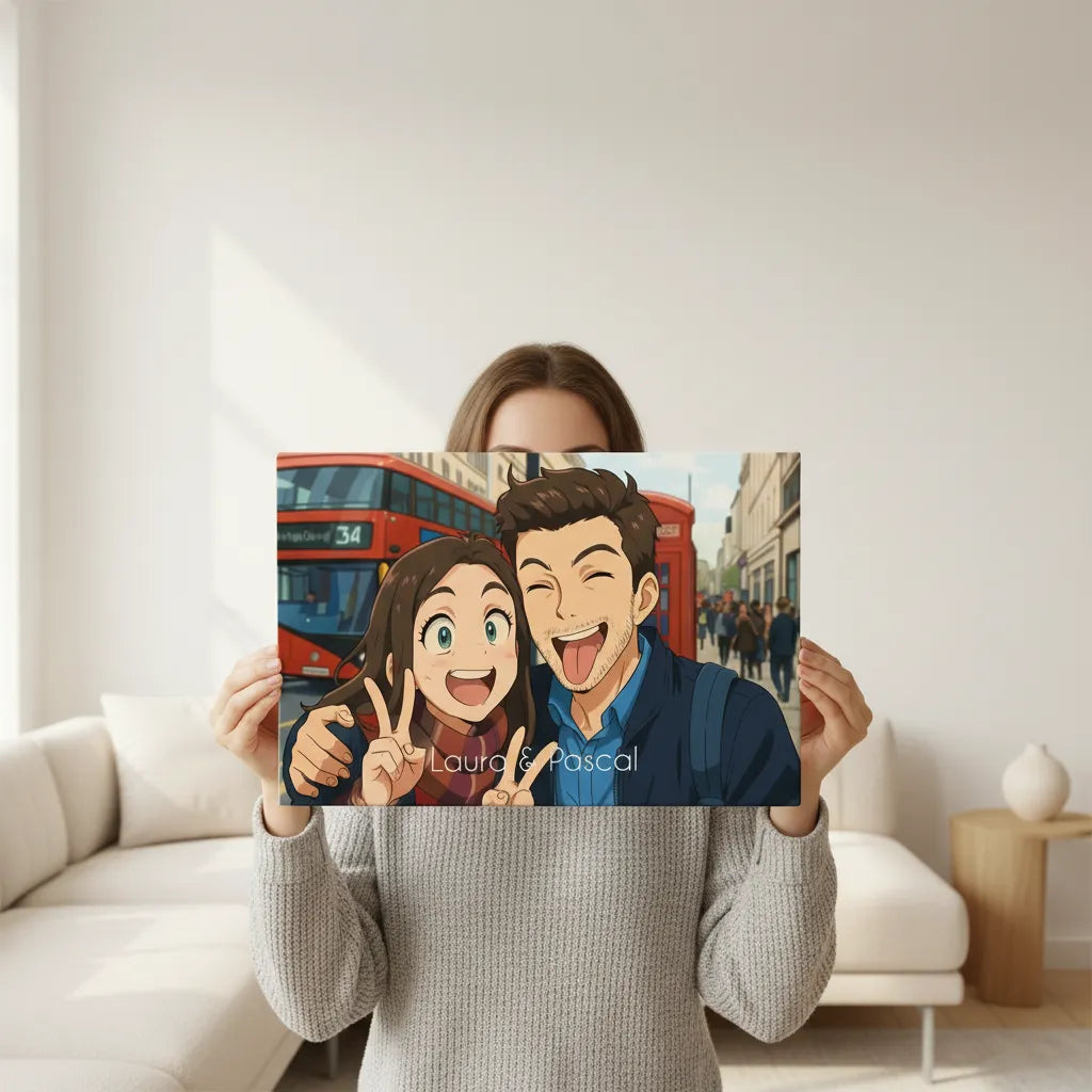 Personalisiertes Paarportrait im Anime-Stil als Leinwanddruck mit Namen.