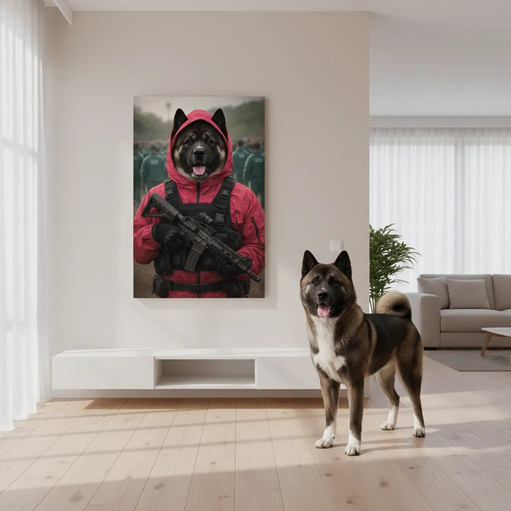 „Squid Game-Wächter Vibe“ Haustierportrait auf Leinwand – personalisiert