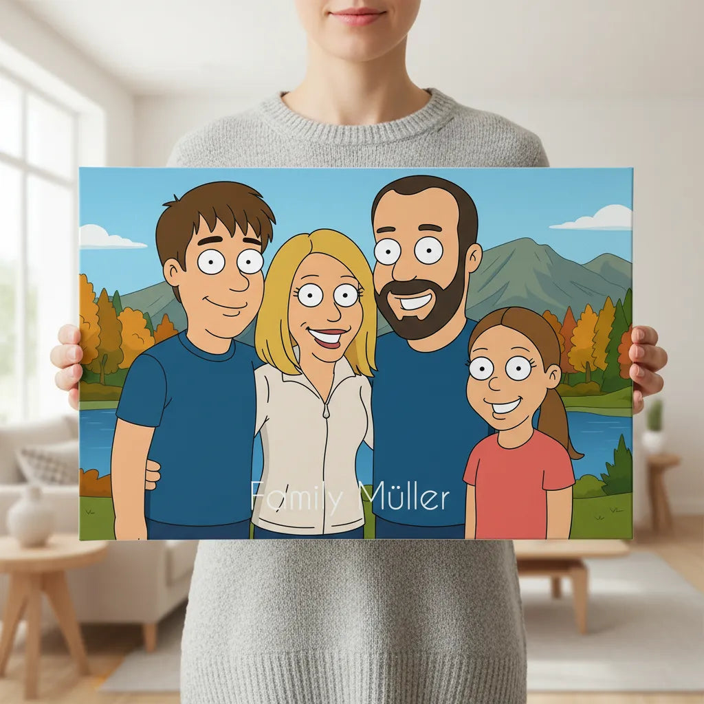 Personalisiertes Familienportrait im Family-Guy-inspirierten Cartoon-Stil als Leinwanddruck mit Familiennamen