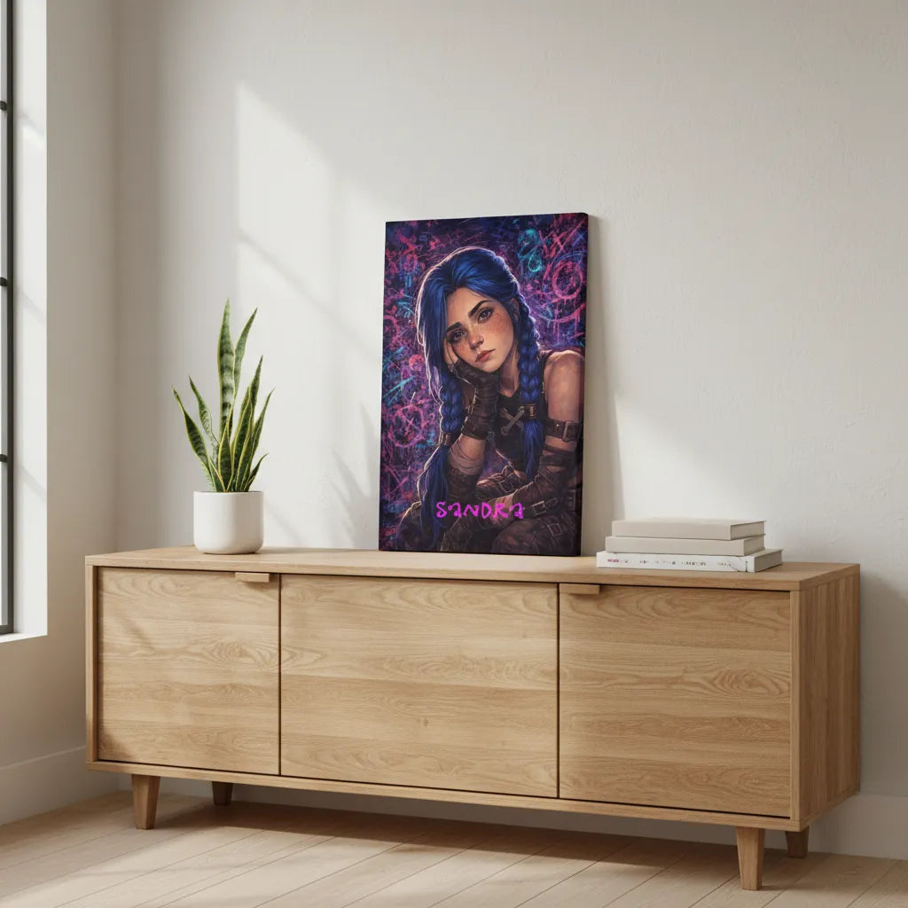 Jinx-Vibe“ Neon-Portrait auf Leinwand – personalisiert
